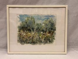 Aquarellbild von Moserberger?, Blumen u. Waldlandschaft 1988