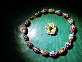 Vintage Millefiori-Kette, 17 Perlen, ca. 42 cm + Brosche