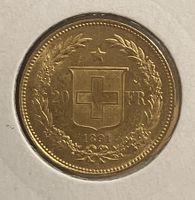 20 FR. GOLD VRENELI (HELVETIA) 1891
