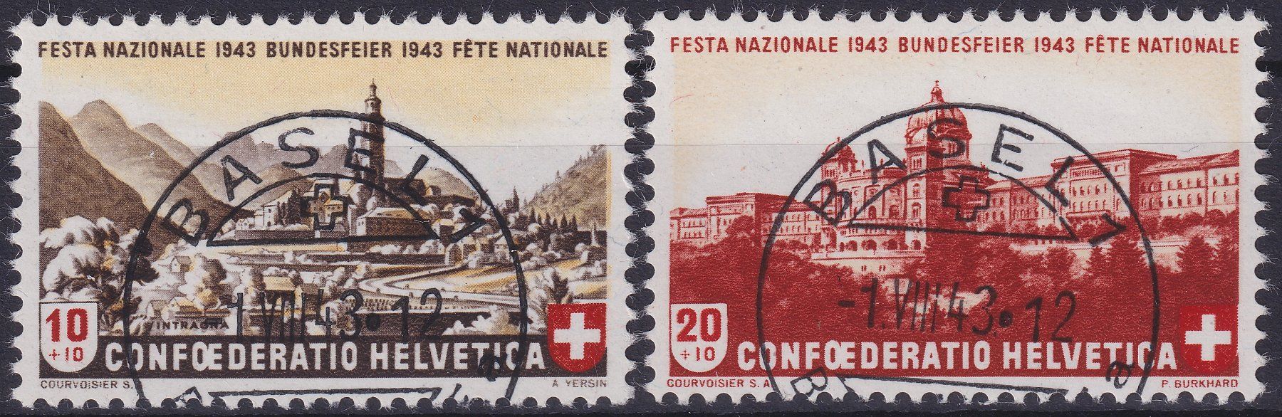 Tutti i francobolli: 1943, Serie B20+B21 mit Halbmondstempel BASEL – Usato da Ebikon venduto da SilvioFreund