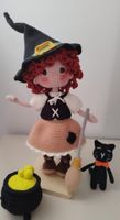 Crocheted Witch Doll with Cat, Halloween