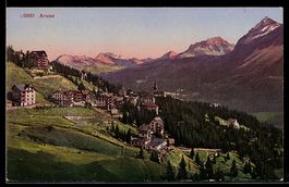 AK Arosa, Ortsansicht mit Hotels, Kirche und Bergpanorama