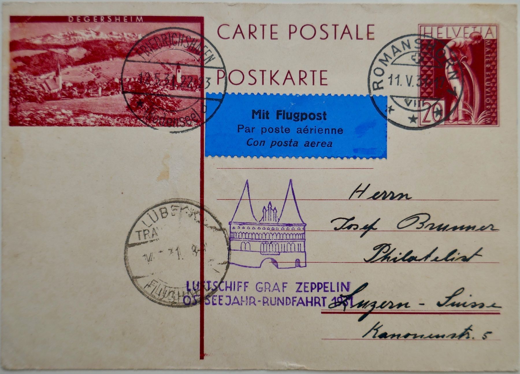 Ansichtskarten: Luftschiff Graf Zeppelin Ostsee-Rundfahrt 12.5.1931 – Gebraucht aus Möhlin von PHILABARTIS