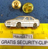 BMW 3er E36 WEISS AUTO PIN GEPRÄGT mit SECURITY-CLIP GOLDIG