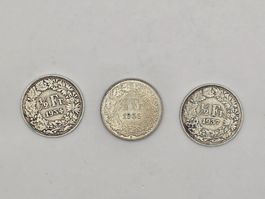 3x 1/2 Franken 1934, 1936, 1937 Helvetia Münzen, Silber (48)
