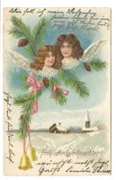 Fröhliche Weihnachten - Engel - Kirche - Präge-Litho - 1902