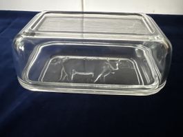 Butterdose Glas mit Kuh Motiv guter Zustand ca. 17 cm