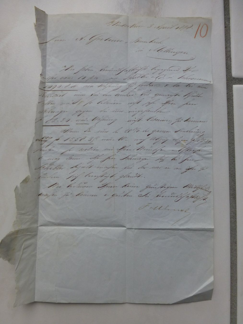 Dokumente: Winterthur nach Mellingen 3. April 1858 – Gebraucht aus Bettlach von 1saurer 2