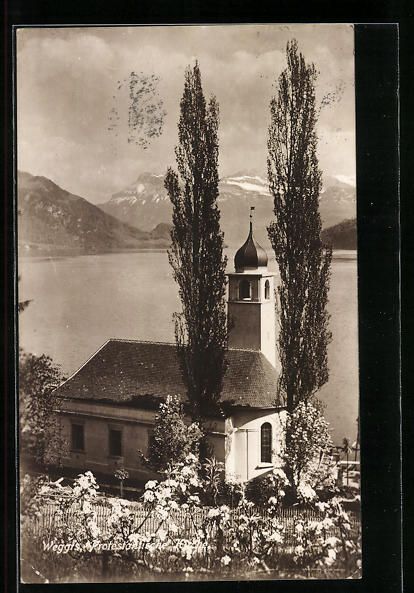 Cartoline postali: AK Weggis, Protestantische Kirche, 1919 – Usato da Berlin venduto da bartko-reher