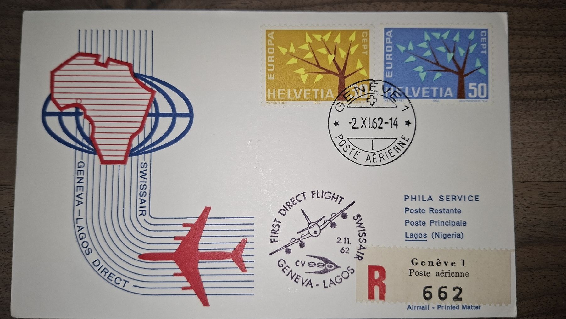 Alle Briefmarken: First Direct Flight Geneva - Lagos 02.11.1962 – Gebraucht aus Balgach von SIMEON27