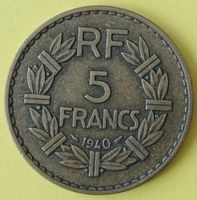 5 Francs Münze - Dritte Republik - Frankreich 1940