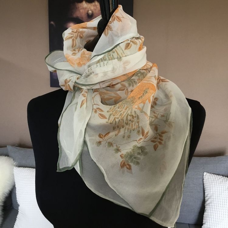 Carré Soie MICHEL LEBRUN - 57 Cm - Foulard Vintage Femme - Beige Clair Motif Floral
