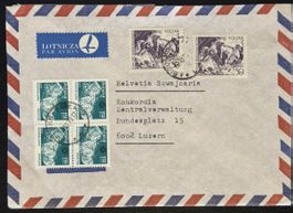 Polen Luftpost - Viererblock & Paar - Beleg nach Luzern