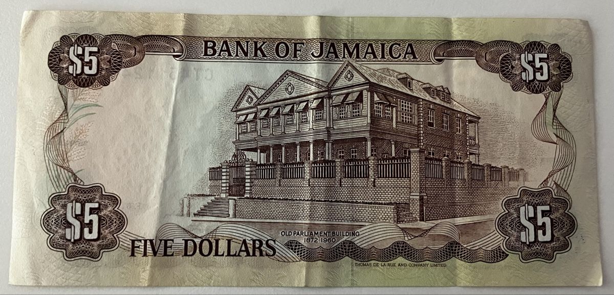 Banknoten: Jamaika 5 Dollars 1992 – Gebraucht aus Algetshausen von Carrhard 1