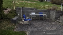Gartentisch Chromstahl mit 2 Stuehlen blau und 2 Chromstahl