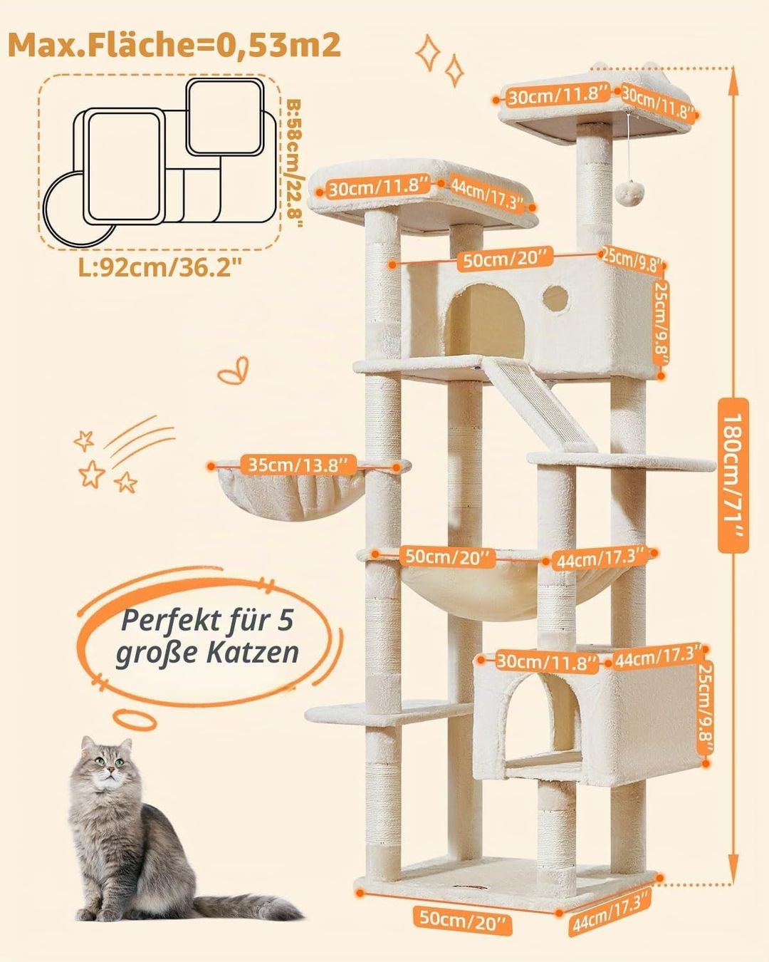 Arbres à chats: Kratzbaum 180cm Groß 2 Katzenhäuser Hängematte Beige – Neuf avec emballage d'origine à Schaffhausen par AllesMussRaus60 2