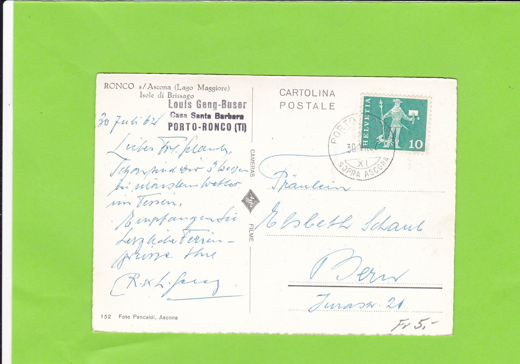 Cartoline postali: Ronco--Isole Brissago – Usato da St. Peterzell venduto da neckertal 1