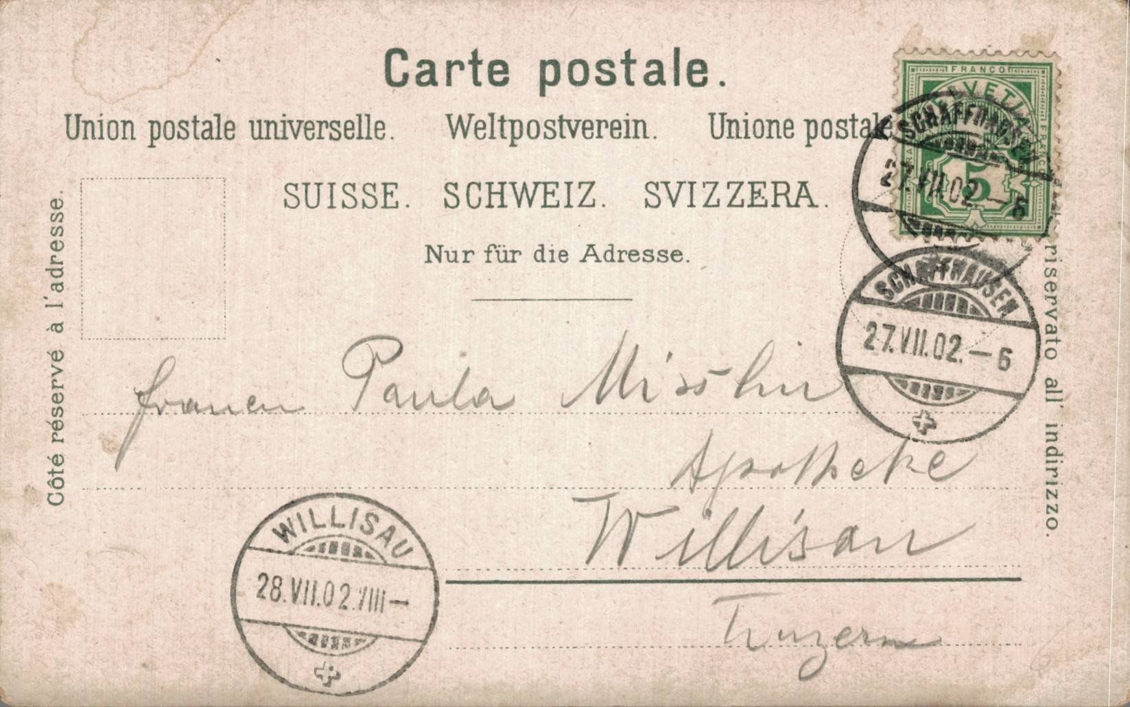 Cartoline postali: Ansichtskarte Schaffhausen mit Munot, datiert 27.07.1902 – Usato da Luzern venduto da Kartenansicht 1