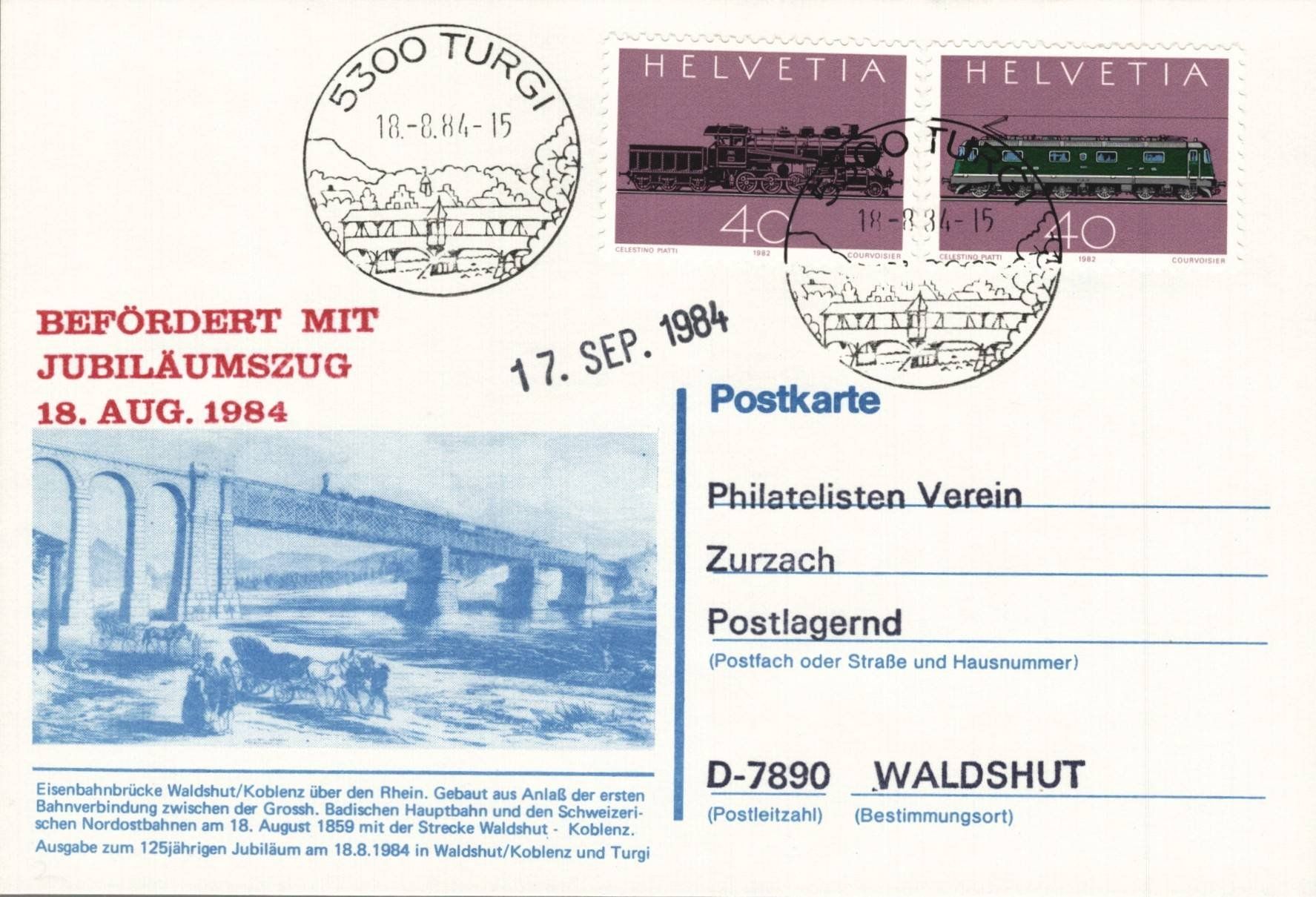 Cartoline postali: Waldshut-Tiengen 2 Postkarten Jubiläumszug 18. August 1984 – Usato da Luzern venduto da Kartenansicht 1