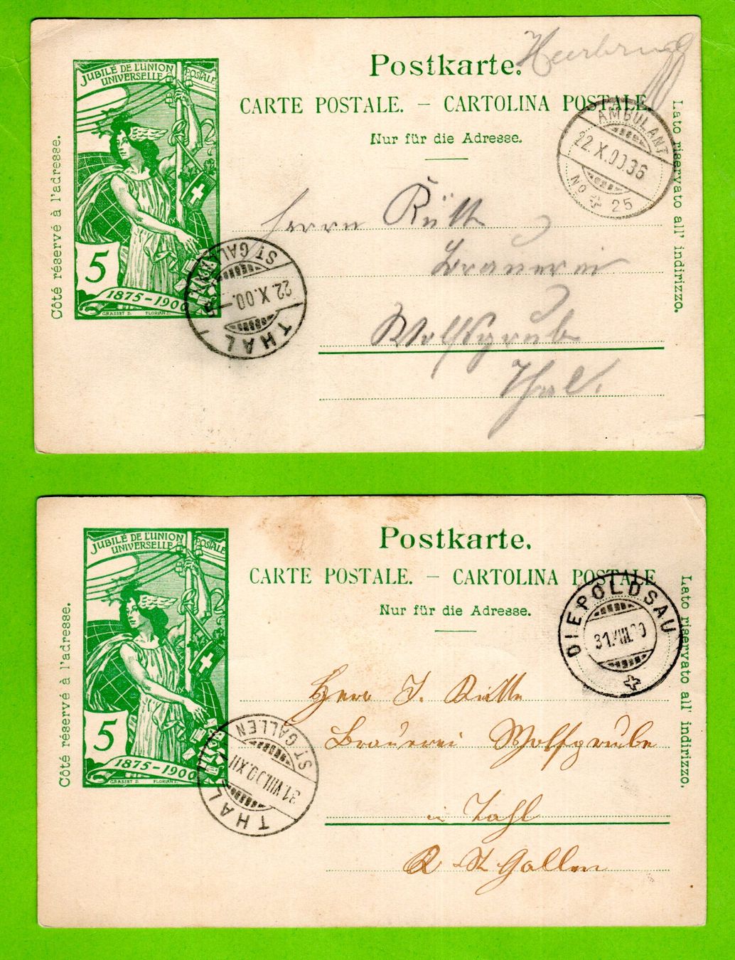 Alle Briefmarken: 1900 - 2 UPU Postkarten (c) – Gebraucht aus Stein am Rhein von Huehnerhund