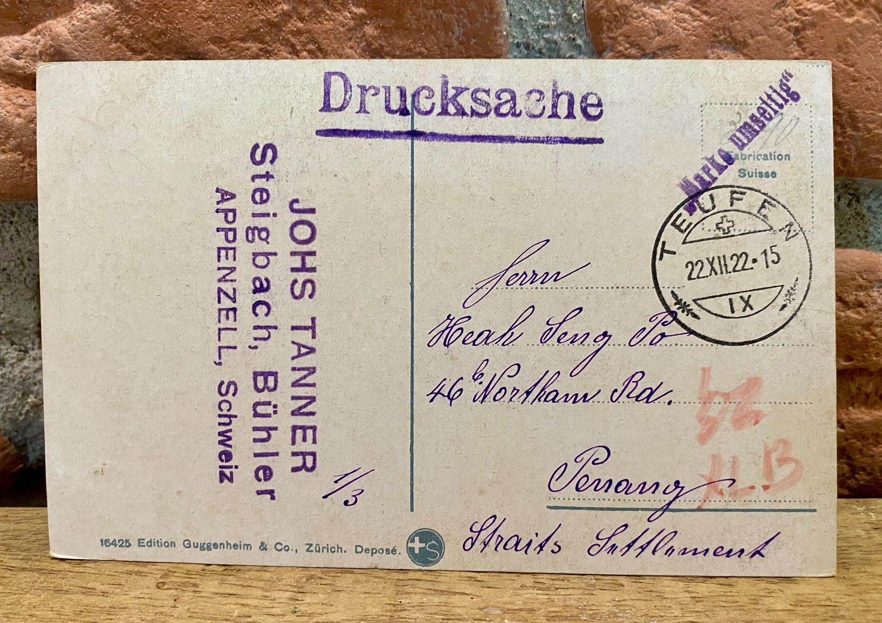 Cartoline postali: 1922 Quai e Mte San Salvatore - British Straits Settlements – Usato da Root venduto da ENGLAND-TREASURES 2