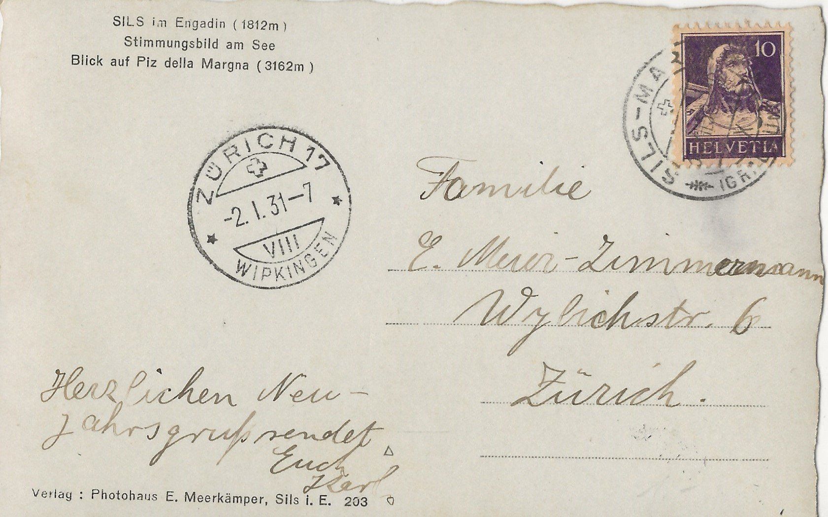Cartoline postali: Meerkämper, Sils im Engadin, 1931 – Usato da Frauenfeld venduto da Merk52 1