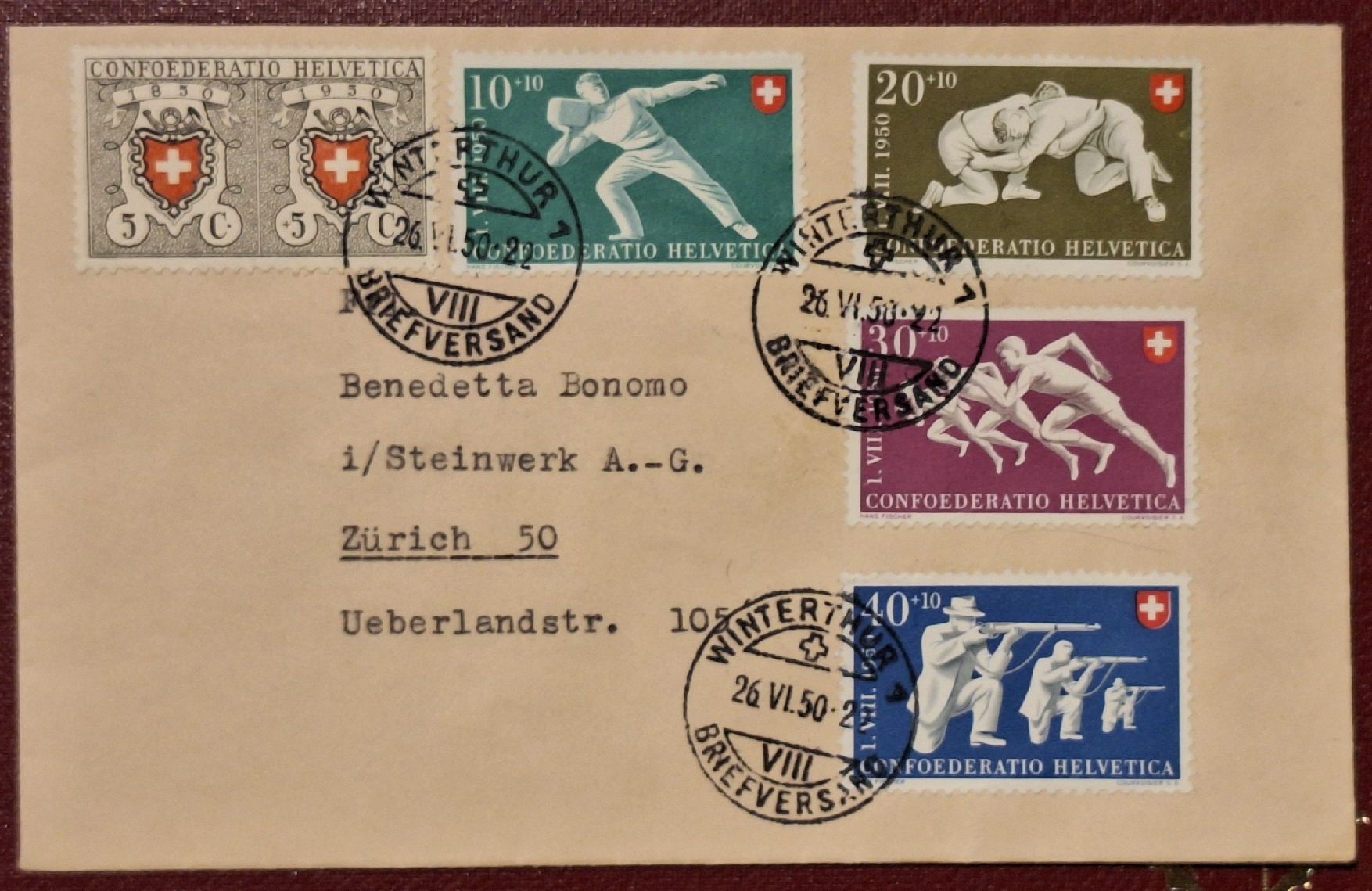 Tutti i francobolli: Pro Patria 1950 Satzbrief Kat. 130.- – Usato da Balgach venduto da SIMEON27