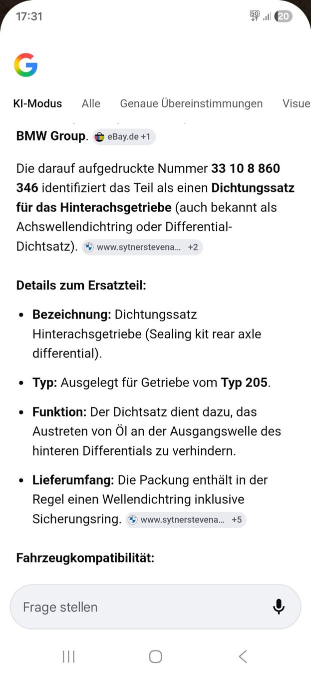 BMW Tutti pezzi di ricambio auto: BMW Dichtungssatz Hinterachsgetriebe 33 10 8 860 346 – Nuovo e nell'imballaggio originale da Adligenswil venduto da Exnovo 2