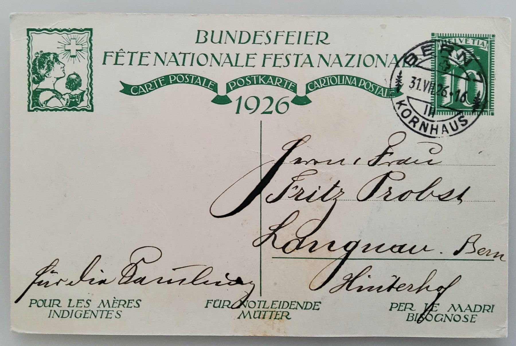 Tutti i francobolli: Bundesfeierpostkarte Nr.44 - 1926 - Mutter mit Wiege, gest. – Usato da Buchrain venduto da mue_kru 1