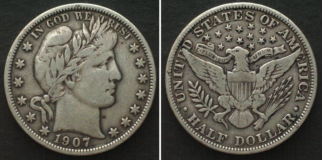 Tutti le monete: USA 1/2 Dollar 1907 BARBER Silber ss – Usato da Riehen venduto da sesambestcoins2004