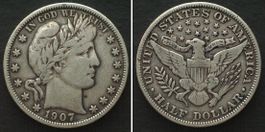 USA 1/2 Dollar 1907 BARBER Silber ss