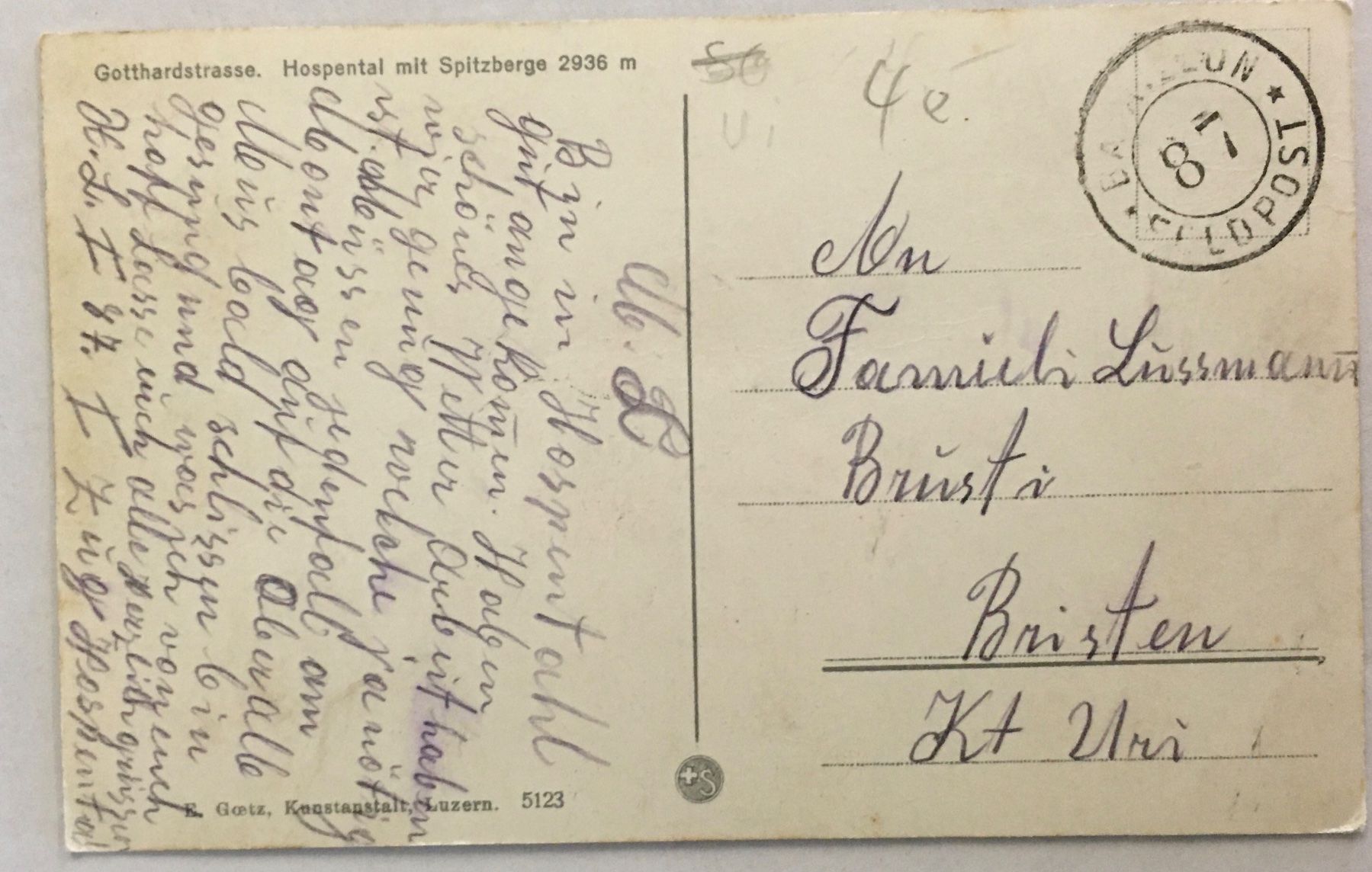 Cartoline postali: Gotthardstrasse, Hospental, Feldpost – Usato da Frauenfeld venduto da Merk52 1