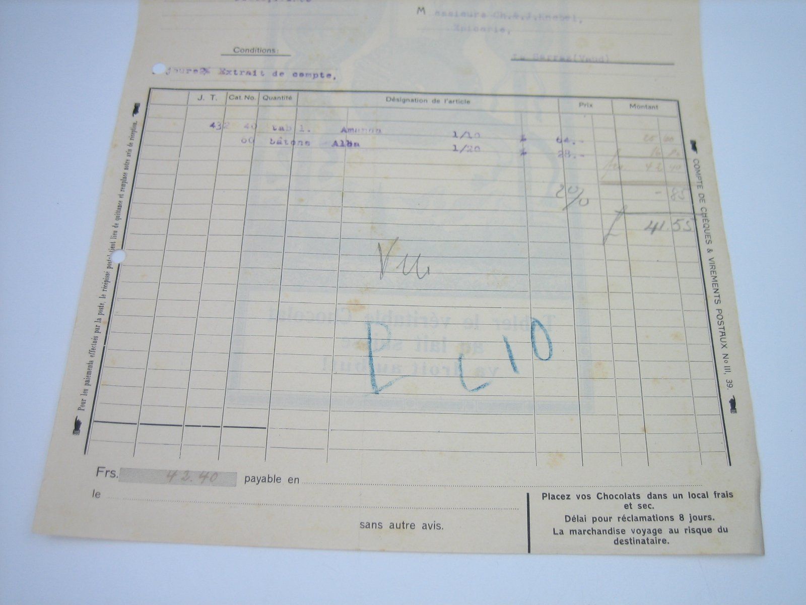 Foto & Immagini: Tobler Chocolat altes Werbeblatt/Rechnung – Usato da Zürich venduto da Tomi118 4