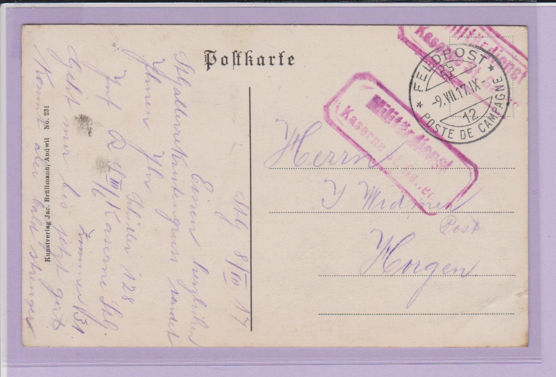 Cartoline postali: Sitterthal - Bischofzell   :   alte Ansichtskarte von 1917 – Usato da Vitznau venduto da Ropaku 1