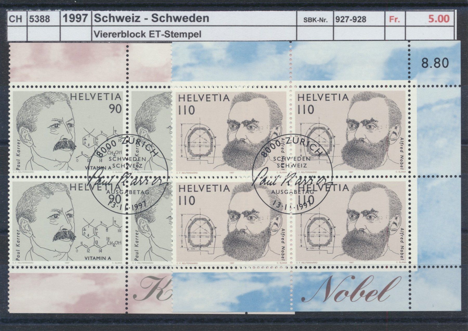 Tutti i francobolli: 1997 "Schweiz - Schweden", Viererblock, gestempelt – Usato da Winterthur venduto da Zupogeru