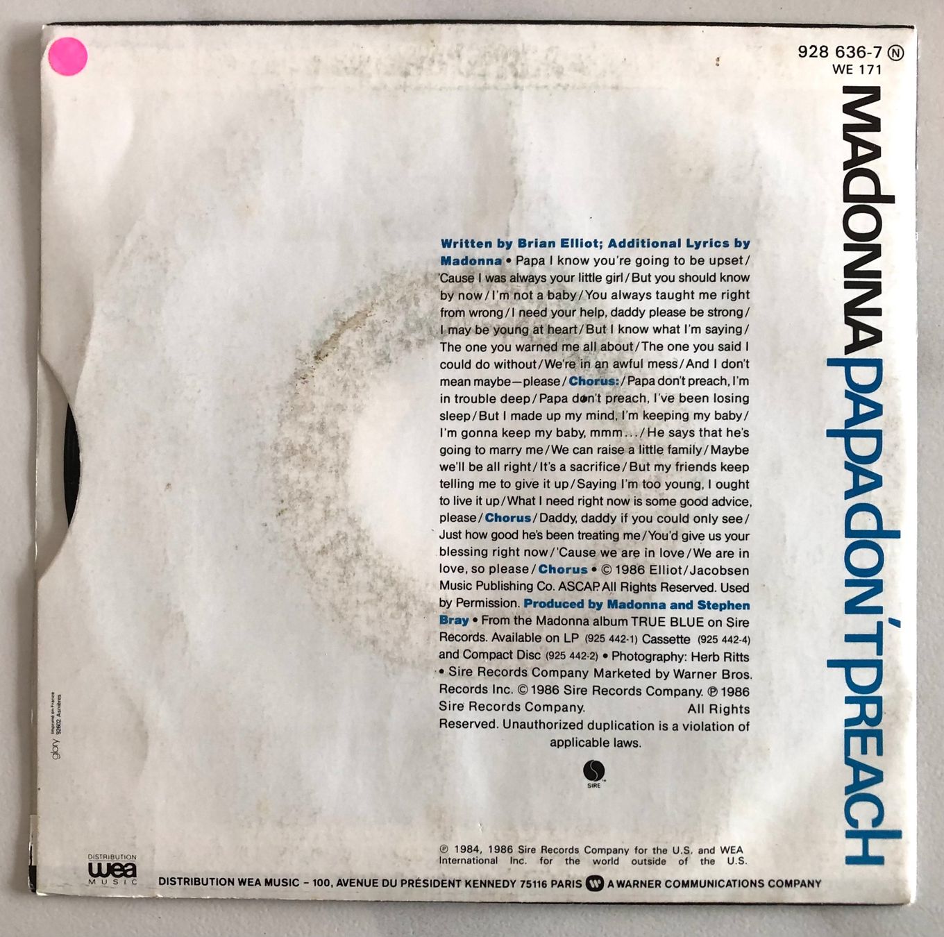 Vinyles: MADONNA - PAPA DON'T PREACH – D'occasion à Poliez-Pittet par Newtown-Records 1