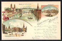 Litho Zürich, Blick auf die Alpen, Bahn