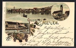Litho Meilen, Gasthof zum Löwen, Kirche