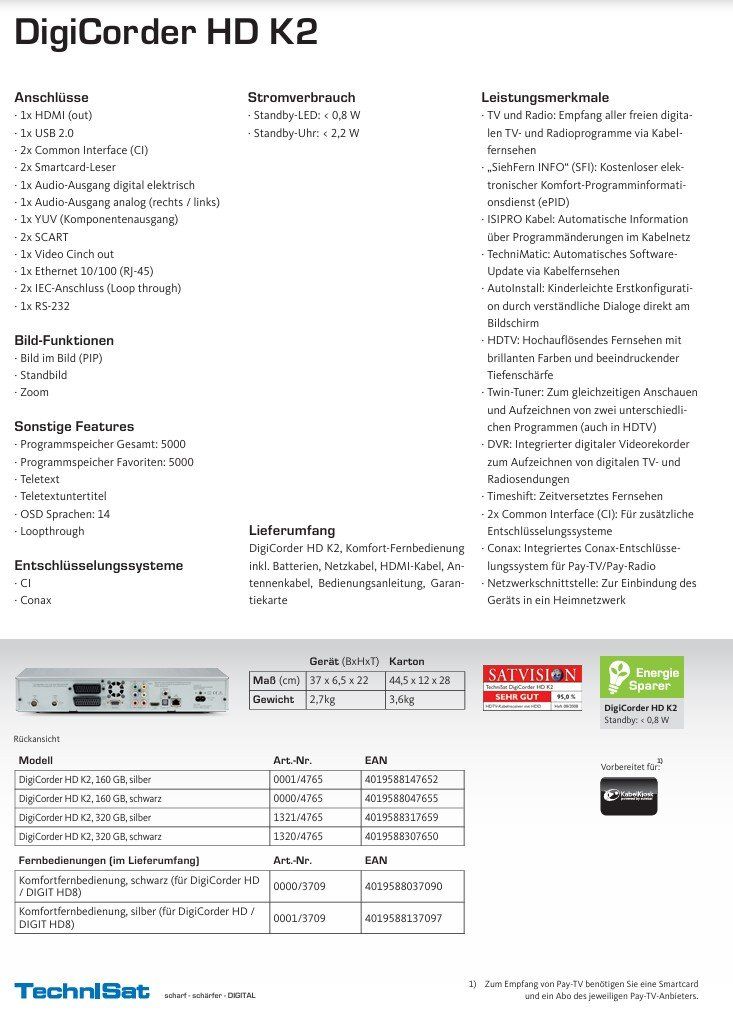 Technisat Ricevitori: Technisat HD K2 Kabel Receiver Digital 500 GB Festplatte – Usato da kaiseraugst venduto da Yohe 7