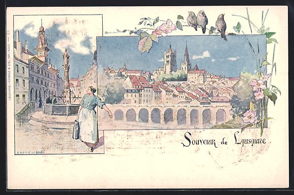 Cartes postales: Litho Lausanne, Teilansicht mit Kirche,  – D'occasion à Berlin par bartko-reher