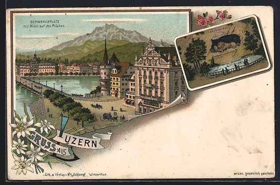Cartoline postali: Litho Luzern, Schwanenplatz mit Blick au – Usato da Berlin venduto da bartko-reher