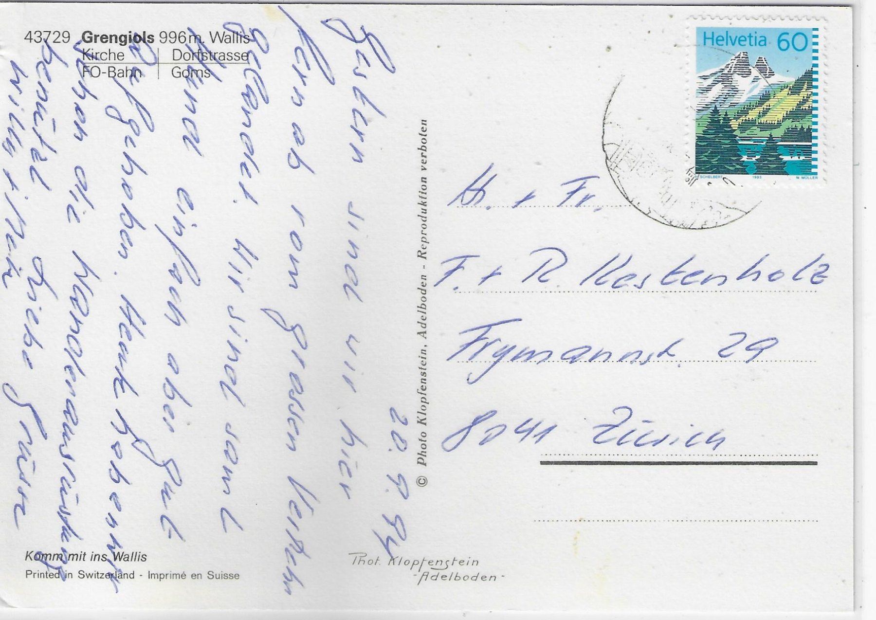 Cartoline postali: Grengiols - Kirche, Dorfstrasse, FO-Bahn, Goms – Usato da Ettingen venduto da Kartenplanet 1