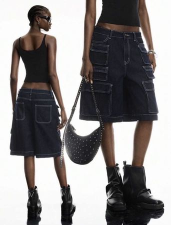 Baggy Dark Denim Cargo Shorts 