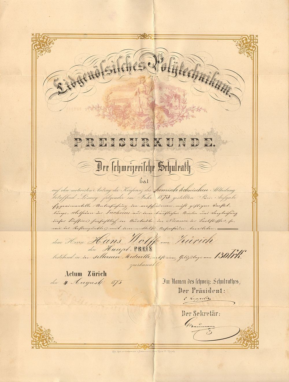 Documenti: Preis-Urkunde Eidg. Polytechnikum ETH Zürich 1875 Kappeler – Usato da Bischofszell venduto da Gottselig