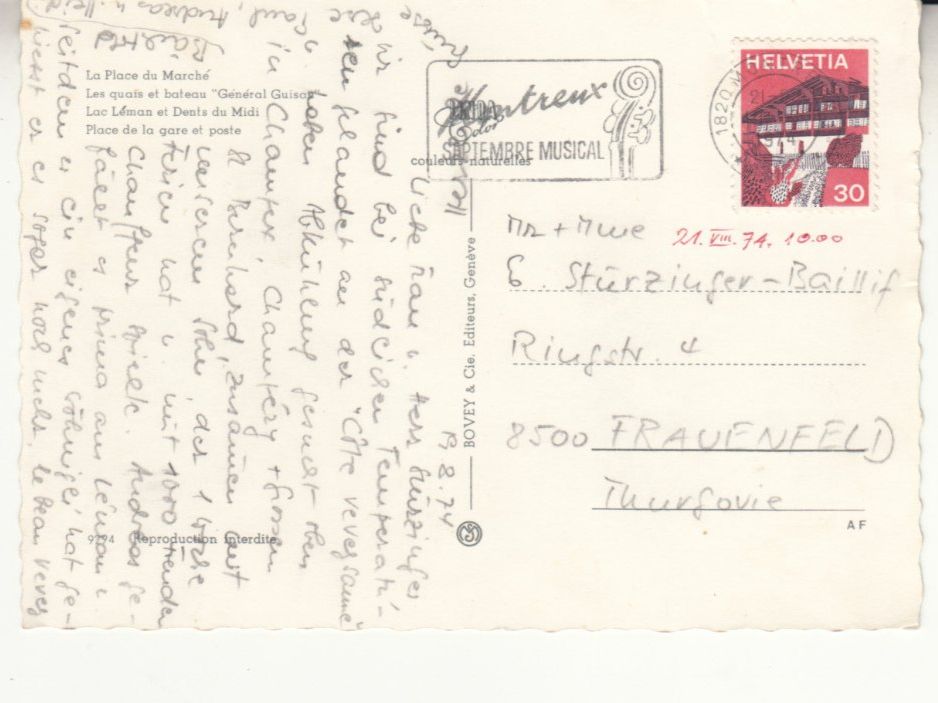 Cartoline postali: Vevey 1974 – Usato da Bürglen TG venduto da StampGraf 1