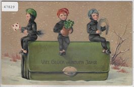 Viel Glück im neuen Jahr - 3 Kinder auf Portemonnaie - Litho