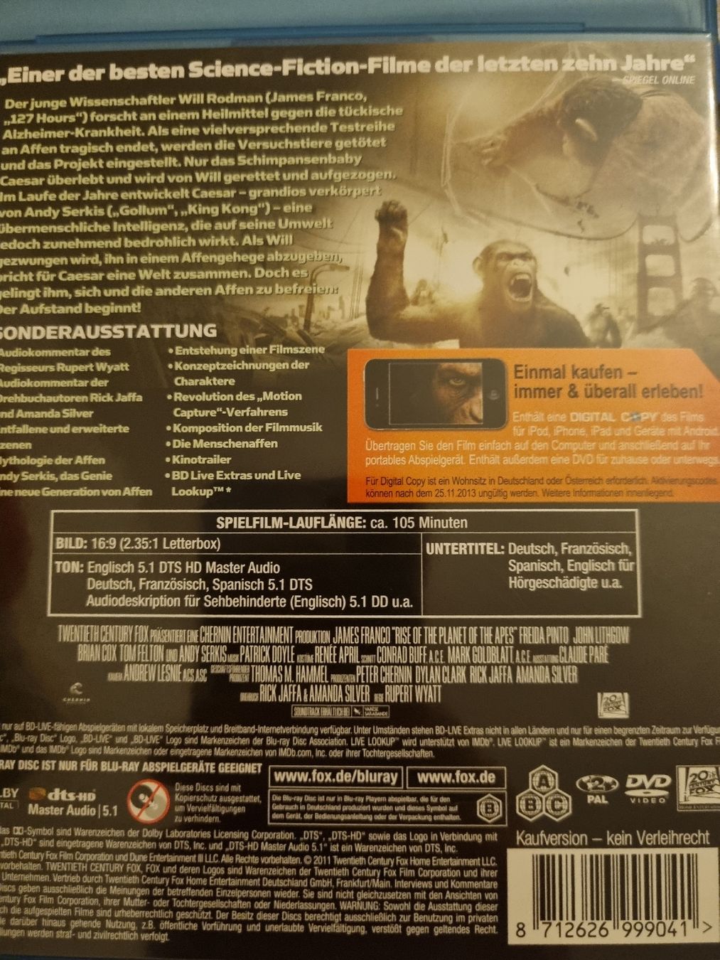 Tutti i DVDs: Planet der Affen: Prevolution Blu-ray – Usato da Thierachern venduto da rob_xm6d 1