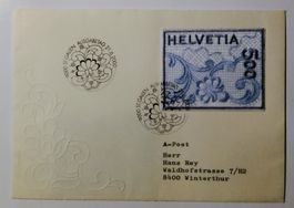 1 Brief Stickerei Briefmarke AUSGABETAG  21.6.2000