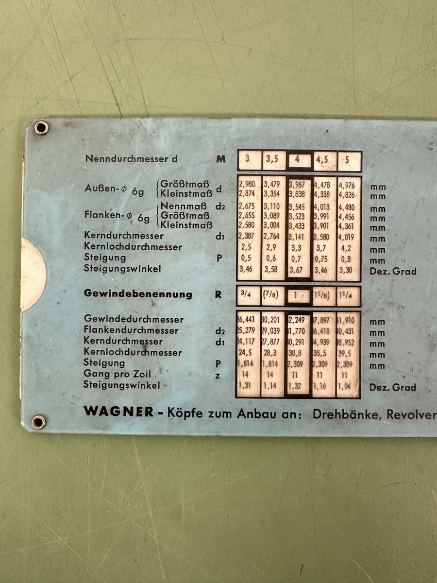 Wagner Tous les outils: Vintage Wagner Thread Cutting Chart. – D'occasion à Aarberg par SNMachines 1