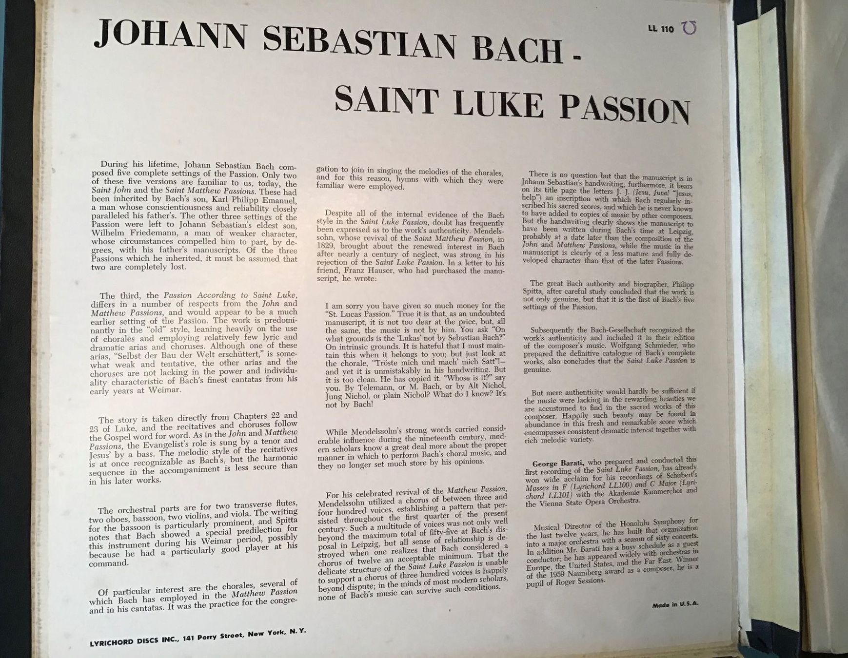 Dischi in vinile: J.S.Bach St.Luke Passion - Lyrichord – Usato da Aefligen venduto da Bubu218 1